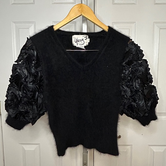 Vintage 80s Black Angora Puff Sleeve Cropped Sweater by Gloria Furman | Glory 3 - Picture 4 of 6
